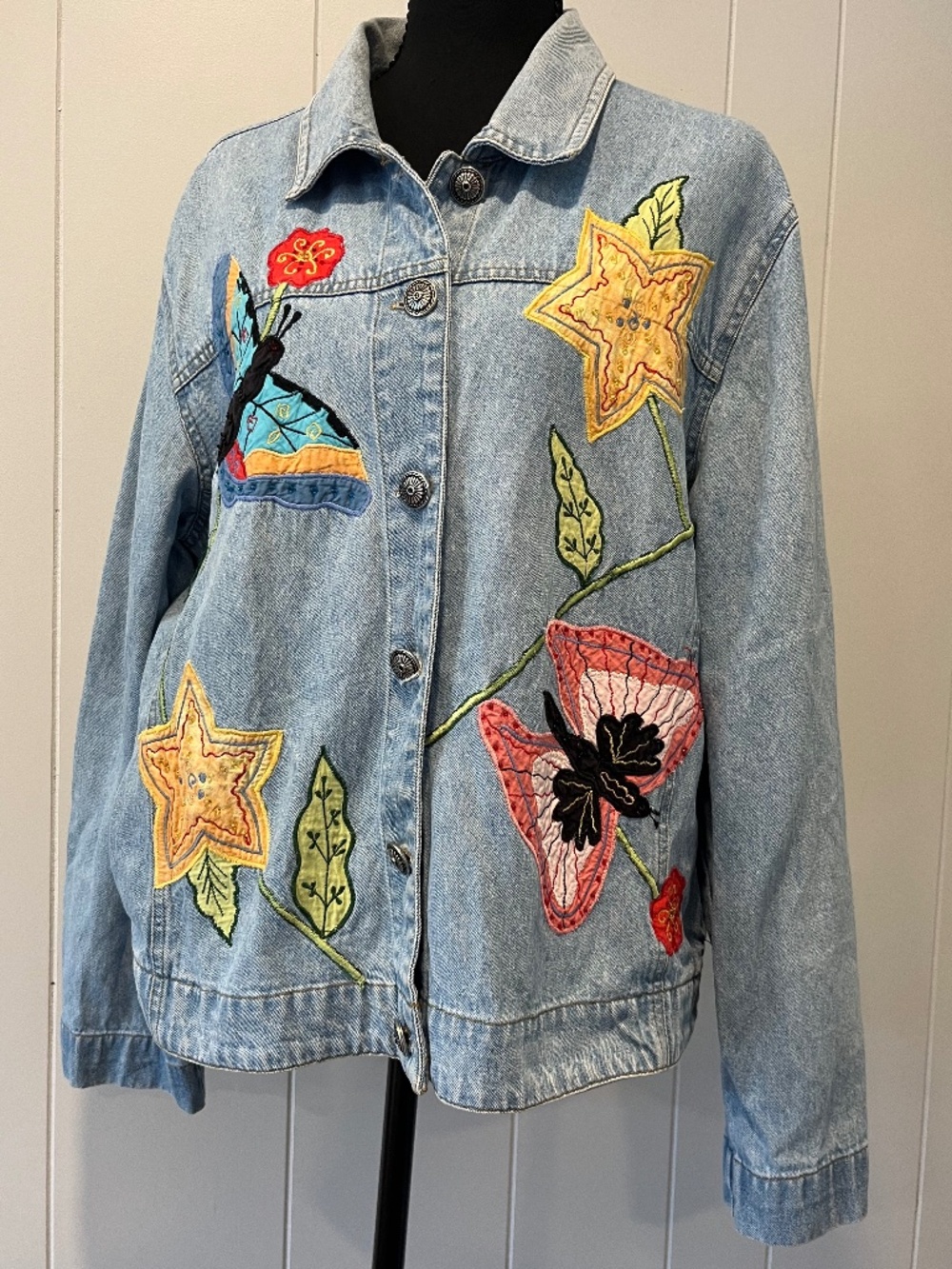 Vintage White Stag Jean Jacket Butterflies Cotton Applique Artsy Fun sz L